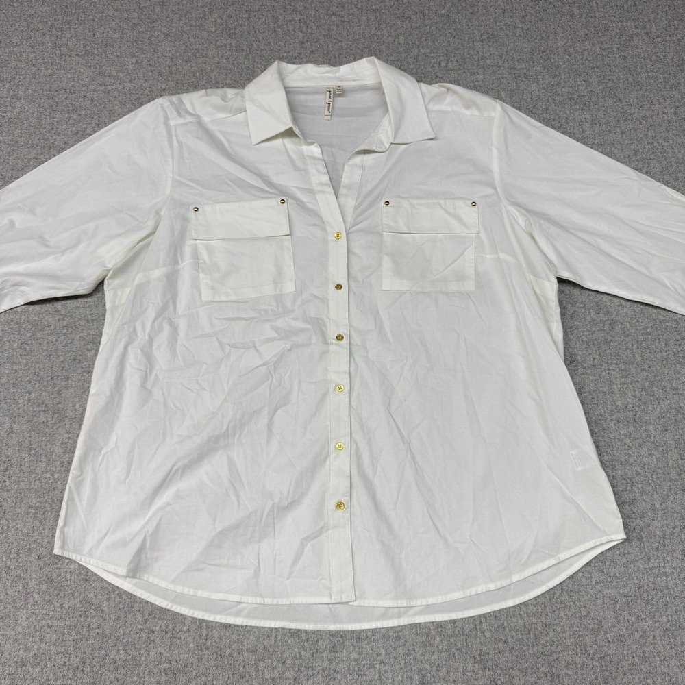 Grand & Greene Button Down Shirt 1X White Gold Hardware Pockets 3/4 Sleeve Top